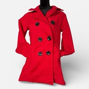 Kids Red Double-Breasted Faux Wool Pea Coat -Size 14
